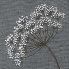 a cross - stitch pattern with white flowers on grey and gray background, in the shape of a dandelion