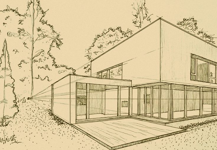 a drawing of a house in the woods