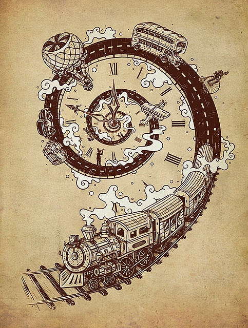 a drawing of a clock on the side of a train with different things around it