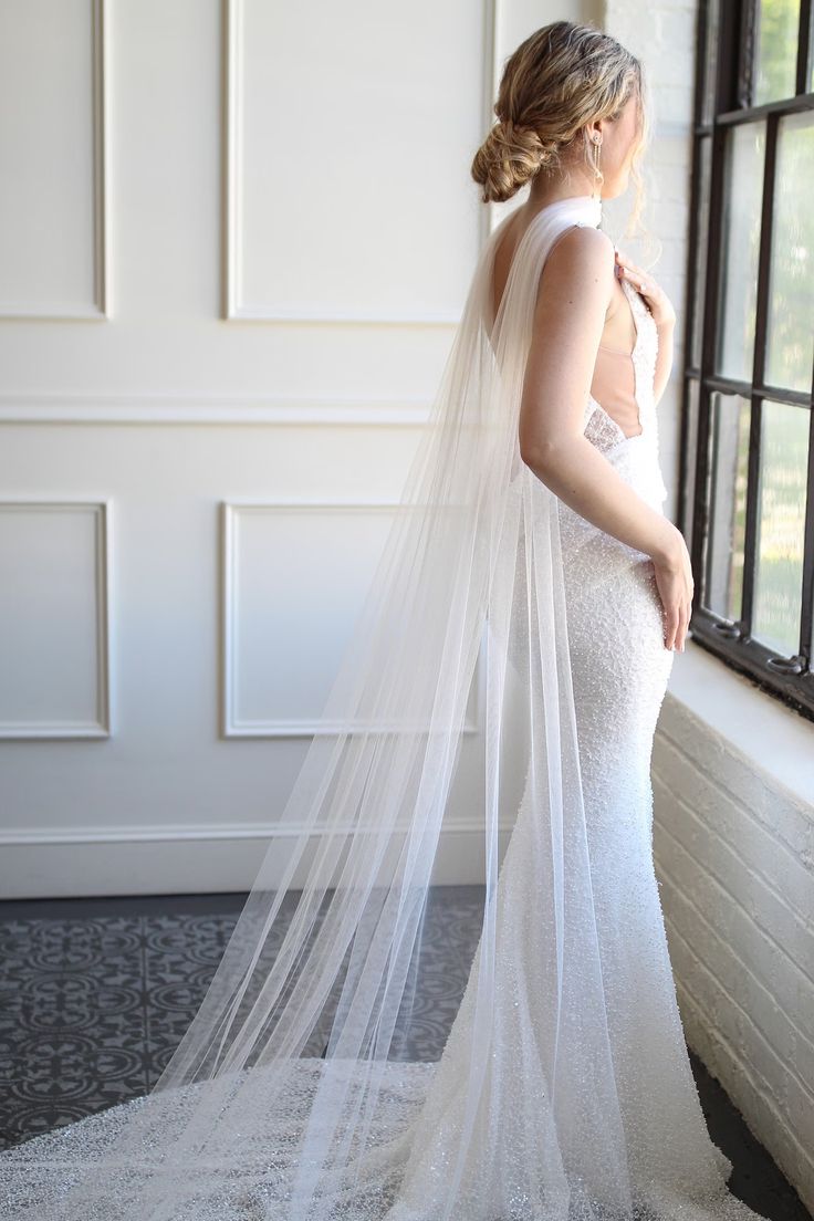 the back of a bride's dress, with her veil draped over her shoulder