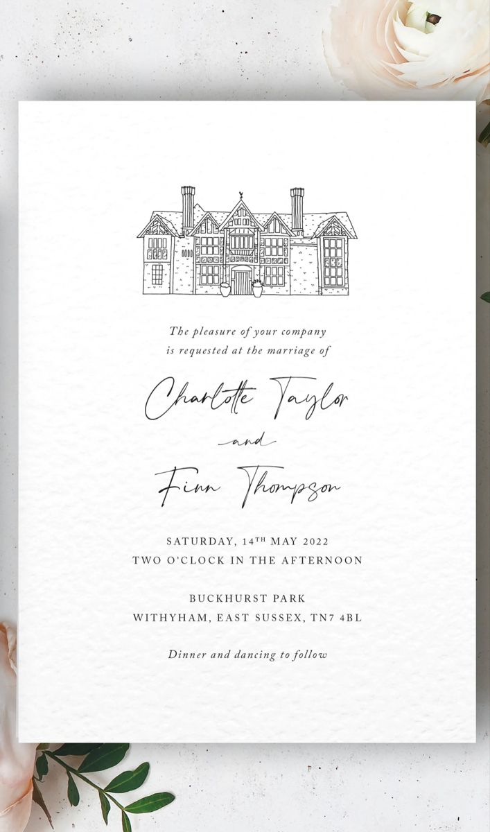 the front and back of a wedding card with an image of a house on it