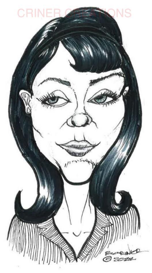 a caricature drawing of a woman's face with black hair and bangs