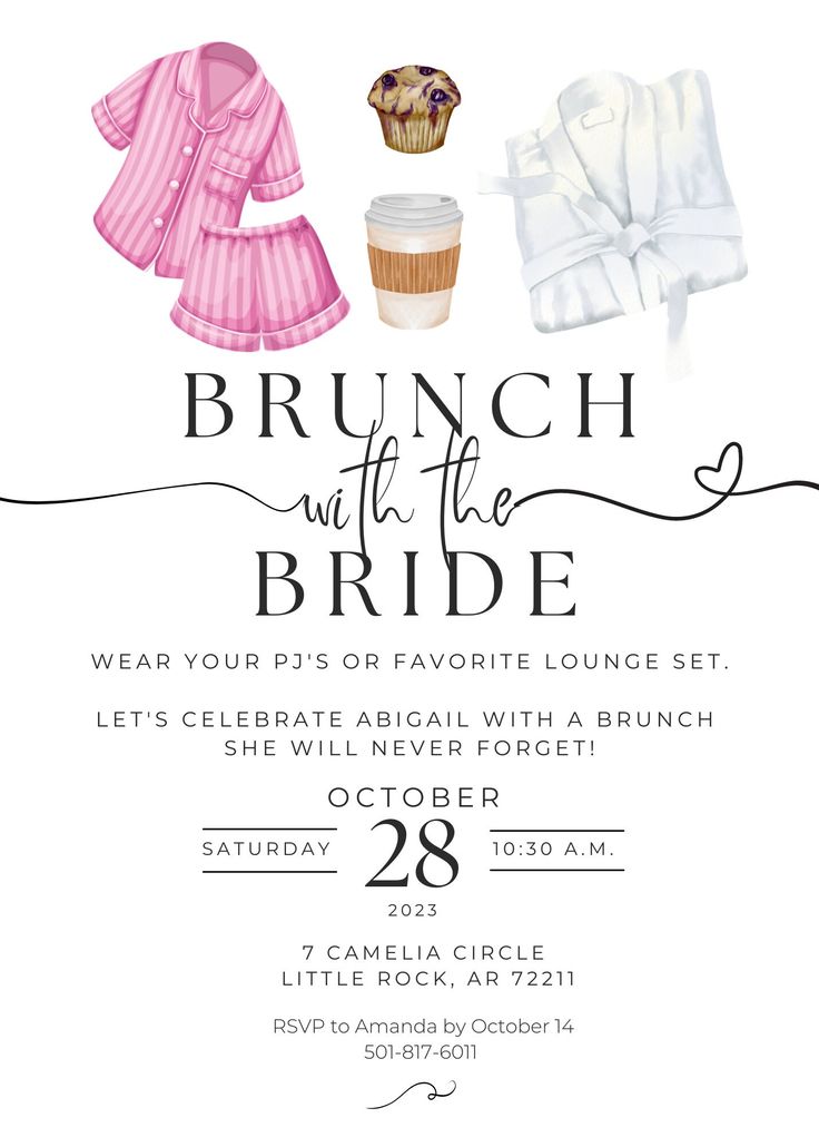 the brunch and the bride party flyer is shown in black, white, and pink