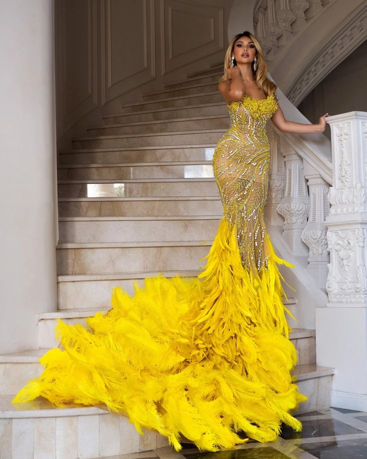 Taxes + Shipping included! Luxury Gala Dresses With Lace Bodice, Luxury Dresses With Lace Bodice For Gala, Luxury Lace Bodice Dress For Gala, Yellow Ball Gown With Fitted Bodice, Elegant Yellow Ball Gown Dress, Elegant Sleeveless Gold Ball Gown, Yellow Sleeveless Gown For Prom Season, Yellow Floor-length Dress With Sweep Train, Fitted Yellow Dress With Sweep Train