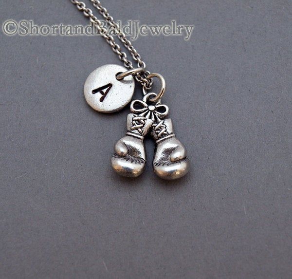 "❖ Boxing gloves Charm in Antique Silver Pewter. Approx: 5/8 X 1/2\" Lead free pewter charm made in U.S.A. ❖ Hand Stamped Initial Charm - Antique Silver Pewter 3/8\" (9mm) ❖ Click below for boxing gloves necklace in Antique Gold Pewter: https://www.etsy.com/listing/126356887 ❖ Click below for boxing gloves bracelet: https://www.etsy.com/listing/128174560 ❖ Add a birthstone or Freshwater pearl for $3.50 https://www.etsy.com/listing/110444872 ❖ Additional Hand Stamped Initial Charms $4.50 each: ht Novelty Silver Charm Necklace For Gift, Silver Novelty Charm Necklace For Gift, Themed Personalized Charm Necklaces, Personalized Themed Jewelry Gift, Personalized Silver Charm Necklace, Personalized Novelty Jewelry As Gifts, Novelty Personalized Jewelry For Gift, Personalized Themed Charm Necklaces For Gifts, Personalized Themed Charm Necklace For Gift