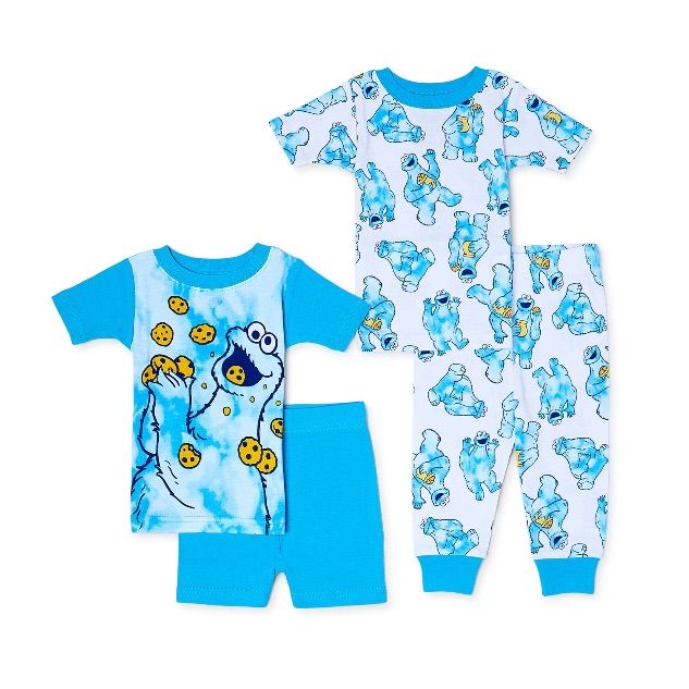 two pieces of pajamas with blue and white print on the front, one has an image of a monkey