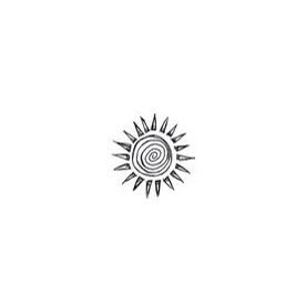 a black and white drawing of a sun with spirals on it's side