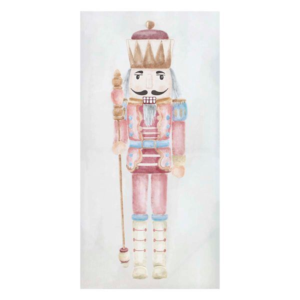 a watercolor drawing of a nutcracker wearing a pink outfit and holding a cane