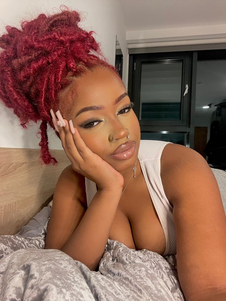 Red Hair Makeup Ideas Black Women, Red Hair Protective Styles, Red Soft Locs Black Women, Red Hair Outfits Black Women, Red Eyebrows Black Women, Red Hair Black Women Braids, Red Faux Locs Black Women, Red Hair Hairstyles Black Women, Red Hair Natural Black Women