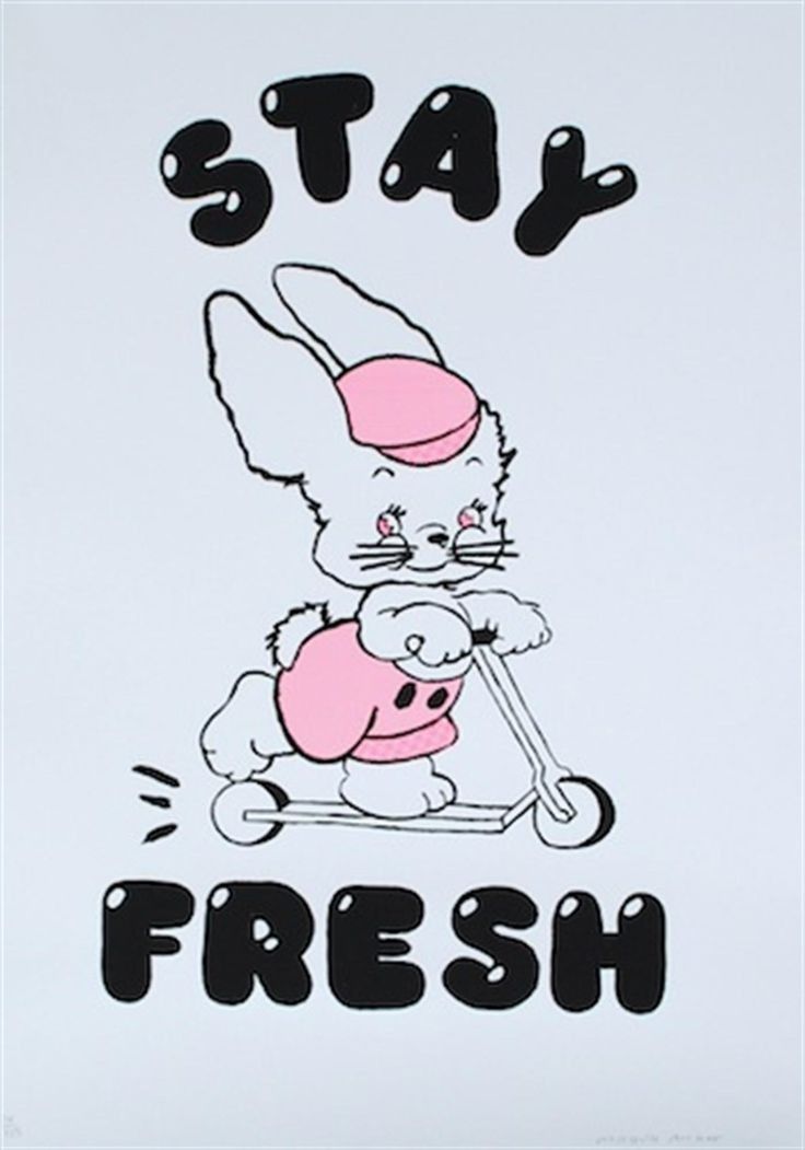 a drawing of a bunny riding a scooter with the words stay fresh on it