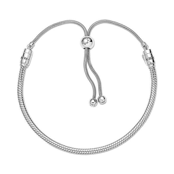 This stunning snake chain bracelet is a sophisticated spin on the classic friendship bracelet. Hand-finished in polished sterling silver, it features one movable and one fixed end cap — both set with shimmering stones. An innovative sliding clasp makes it easy to adjust it to your size. The perfect present for friends and loved ones, this bracelet can be styled by lifting the movable end cap and adding your favorite Pandora charms.