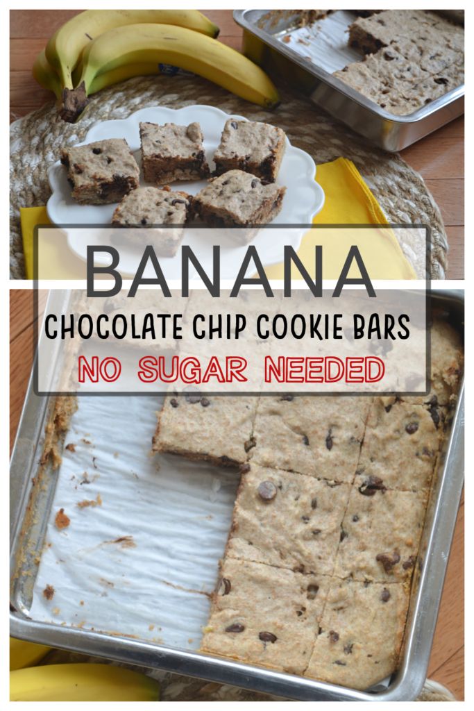 banana chocolate chip cookie bars with no sugar needed on a plate and in pans