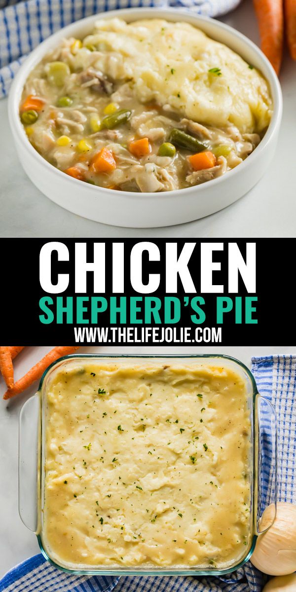 chicken shepherd's pie in a casserole dish with carrots and celery