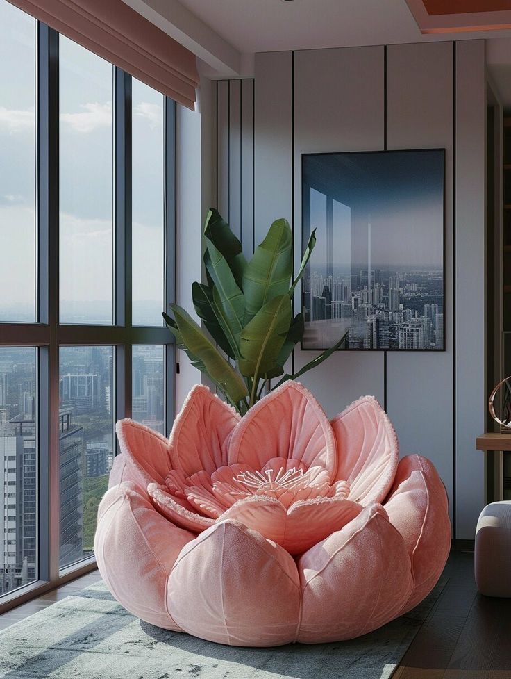 a large pink flower shaped chair sitting in front of a window