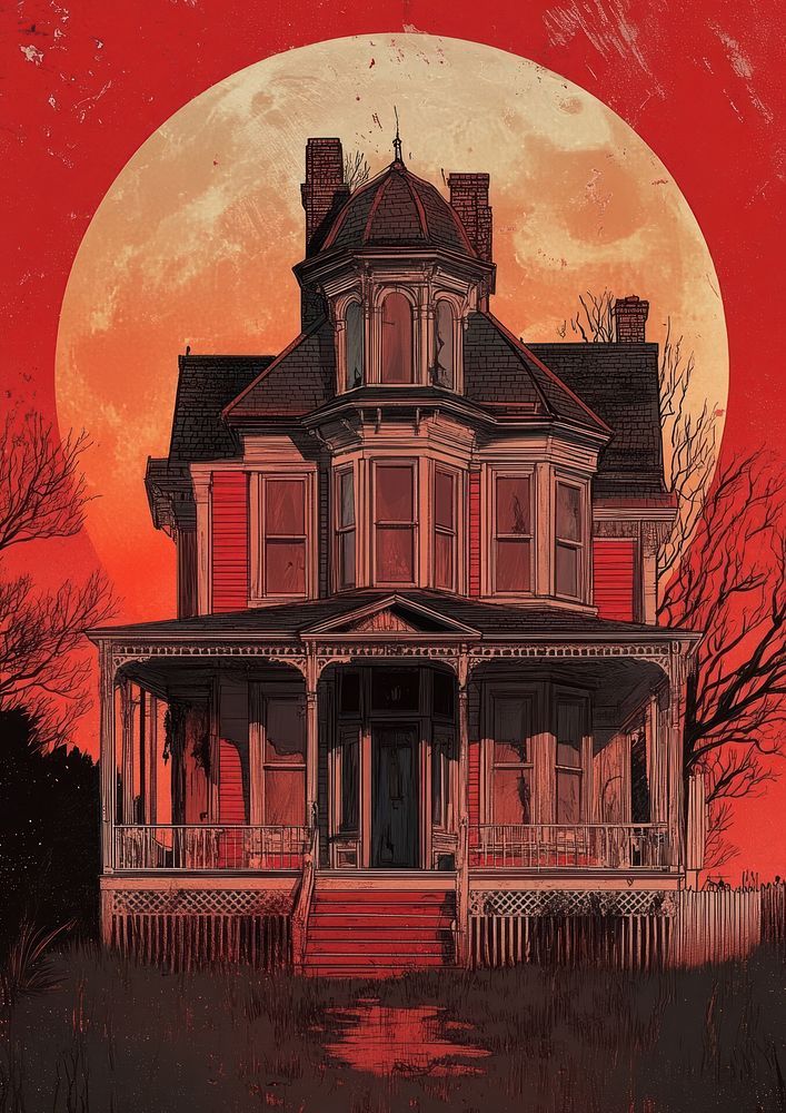 an old house with the moon in the background and blood red paint on the walls