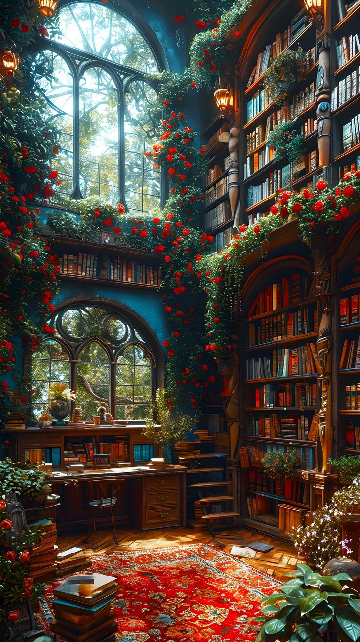 a room with many books and plants in it