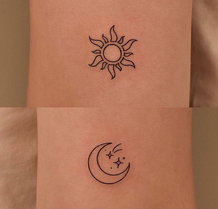 two sun and moon tattoos on the back of their arm, one with a crescent