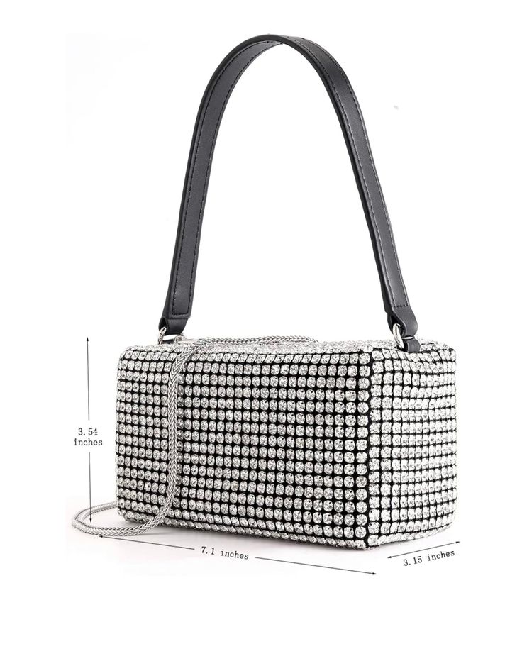 This luxe crystal evening bag is the perfect size for all your essentials. Perfectly sized at 7.48*2.75*4.72 inches, it can easily accommodate a mobile phone, key, lipstick, wallet, cards, and other everyday items. Crafted with sparkling rhinestones, this bag will add a touch of sophistication to any look. Chic Handheld Phone Bag For Evening, Luxury Evening Clutch Phone Bag, Luxury Evening Phone Clutch Bag, Chic Compact Phone Bag For Evening, Chic Portable Phone Bag For Evening, Luxury Rectangular Clutch With Cell Phone Pocket, Elegant Square Portable Phone Bag, Elegant Evening Phone Pouch Bag, Elegant Evening Phone Bag Pouch