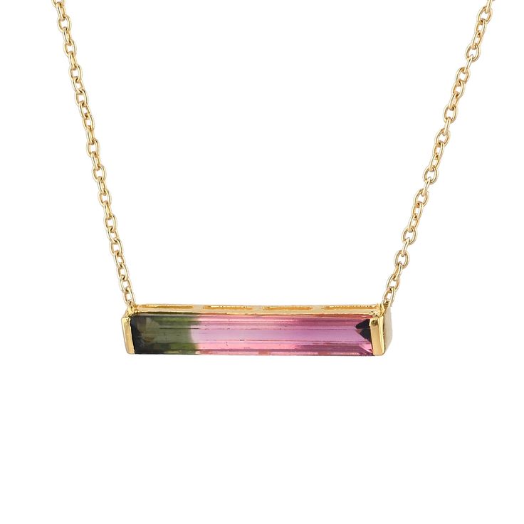 "Natural Bio Large Baguette Watermelon Tourmaline \\ Pendant Necklace\\ Solid 14K Yellow Gold Necklace \\ Certified Jewelry \\ Christmas Day Gift >> About this product:- * SKU Code: SBP0035  * Handmade/ Handcrafted Fine Jewelry * Metal: 14K Solid Yellow Gold (with Stamped) * Metal Purity: 14K * Custom Metal Purity: 14K/ 18K  * Water Baguette Weight:- 2.09 Ct * Necklace Length:- 16 to 18\" ( Adjustable ) >> Sizing & Measurements:- >> We will make a great gift for the upcoming festive season - or for birthdays, valentine's day, anniversary, engagement, party, or just any special occasion, and the item comes along with a complimentary jewelry box. ✦ Shipping:- Please allow us up to 1-2 weeks for the manufacturing process, but some of the custom-made items take 2-3 weeks of production time. ✦ Watermelon Tourmaline Jewelry, 14k Yellow Gold Necklace, Stamped Metal, Special Gifts For Her, Tourmaline Pendant, Tourmaline Jewelry, Jewelry Metal, Watermelon Tourmaline, Custom Metal