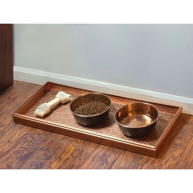 two bowls on a tray with a bone in the middle and one bowl filled with dog food