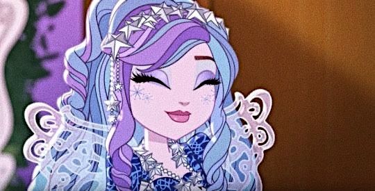 an animated image of a woman with purple hair and blue eyes wearing a tiara