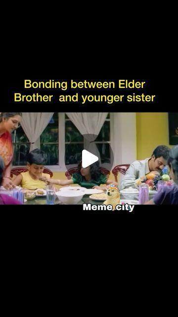 a group of people sitting around a table with food on it and the words bonding between elder brother and younger sister