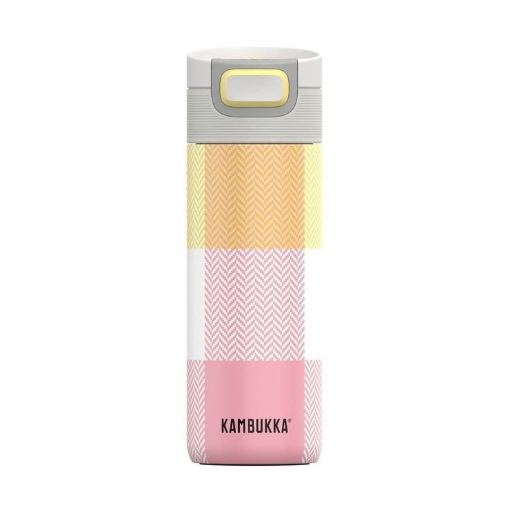 a pink, yellow and white water bottle with the words karbbukka on it