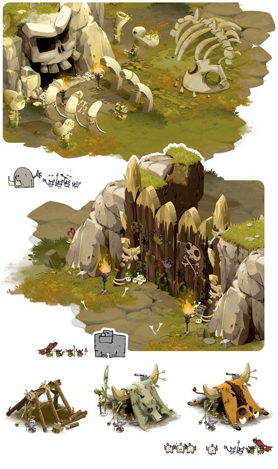 the concept art for an animated game is shown in three different positions, including rocks and grass