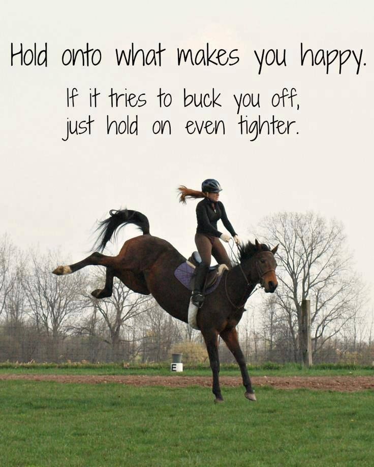 a woman riding on the back of a brown horse next to a field with trees