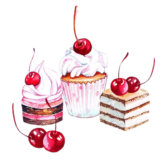 watercolor painting of cupcakes, cake and cherries