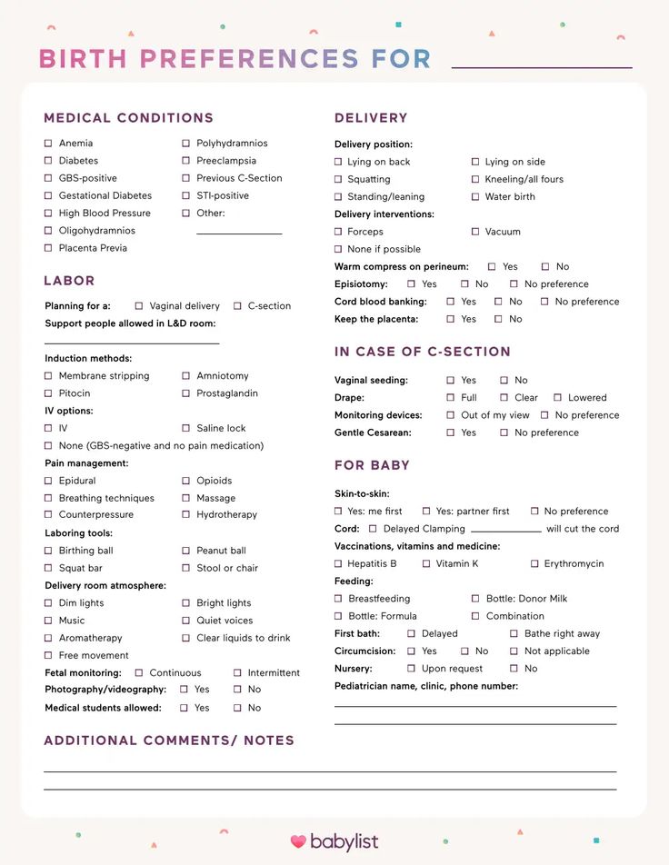 birth checklist with the words birth references for medical conditions and other things to do