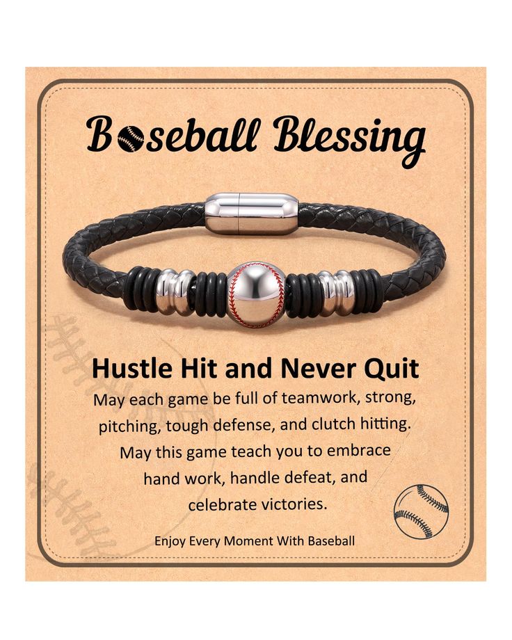 a baseball bracelet that says, hustle hit and never quit