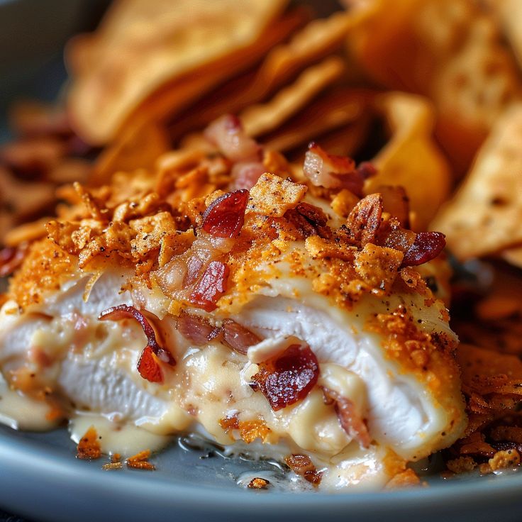 a close up of a plate of food with crackers and chips on the side