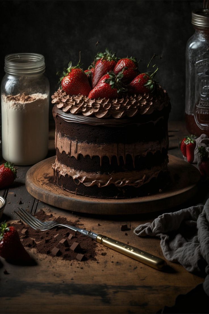 a chocolate cake with strawberries on top next to a jar of milk and spoon