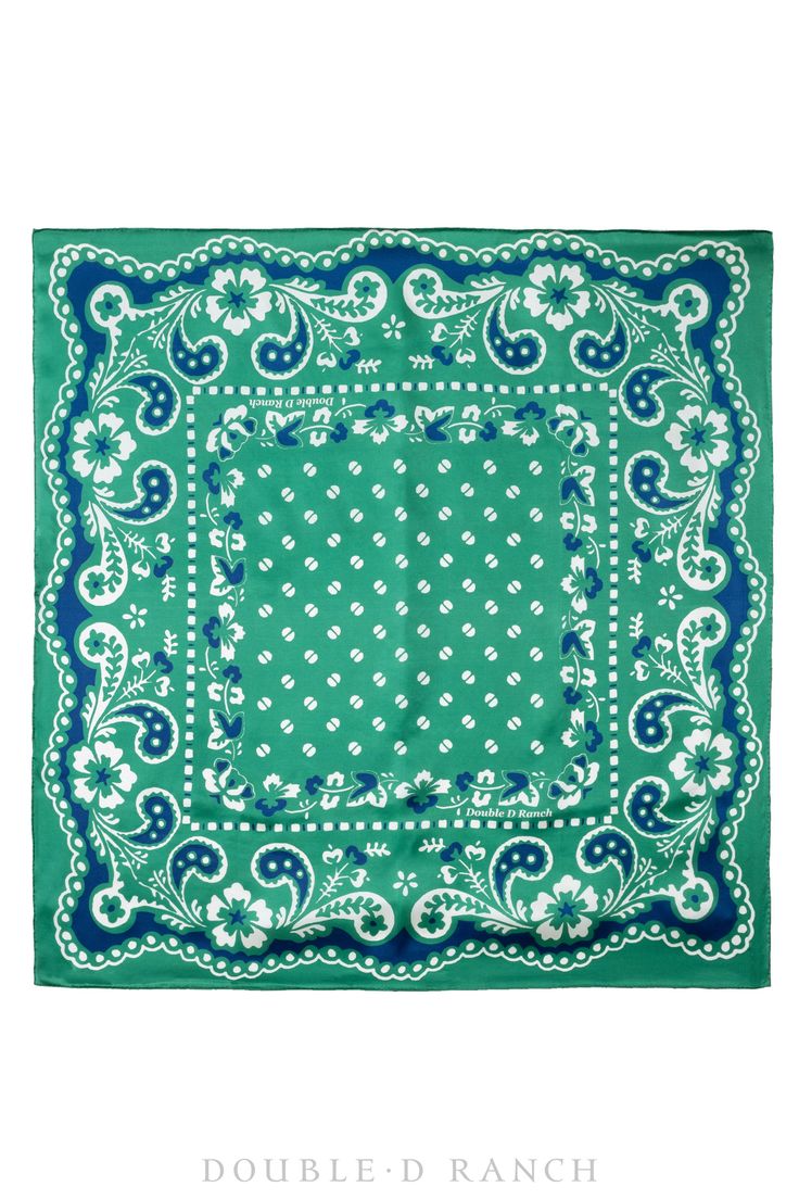 A COWGIRL CLASSIC WITH A COLORFUL KICK! We have a lifelong love for a good bandana and our design team knocked it out of the park with this one. The gorgeous green, blue, and white come together in a custom whimsical floral and paisley pattern. It’s traditional yet fresh, and designed to complement everything in the Desert Desperados collection. color: green materials: 100% silk dimensions: 30" x 30" contemporary style number: Scarf158 in stock All returns are subject to exchange or store credit Green Casual Bandana With Bandana Print, Green Cotton Casual Bandana, Casual Green Bandana With Bandana Print, Casual Green Cotton Bandana, Green Bohemian Spring Bandana, Trendy Green Bandana For Spring, Spring Green Bohemian Bandana, Trendy Green Spring Bandana, Spring Trendy Green Bandana