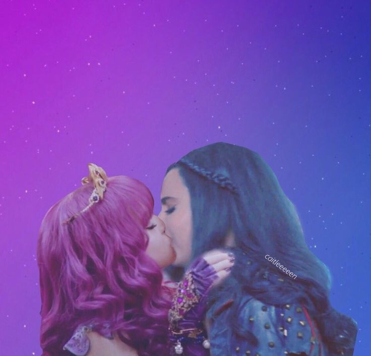 two women kissing each other in front of purple and blue sky with stars behind them