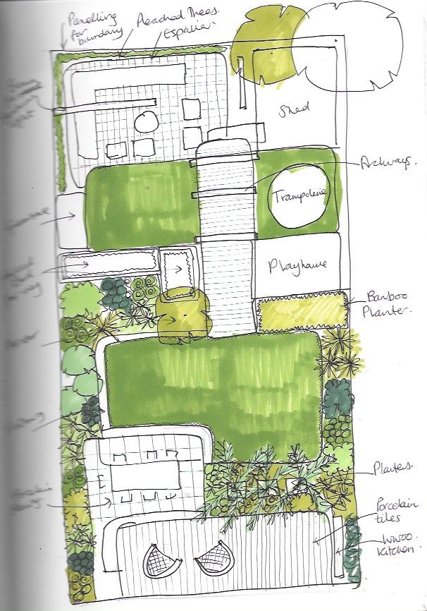 a drawing of a garden design with lots of green plants and trees in the background