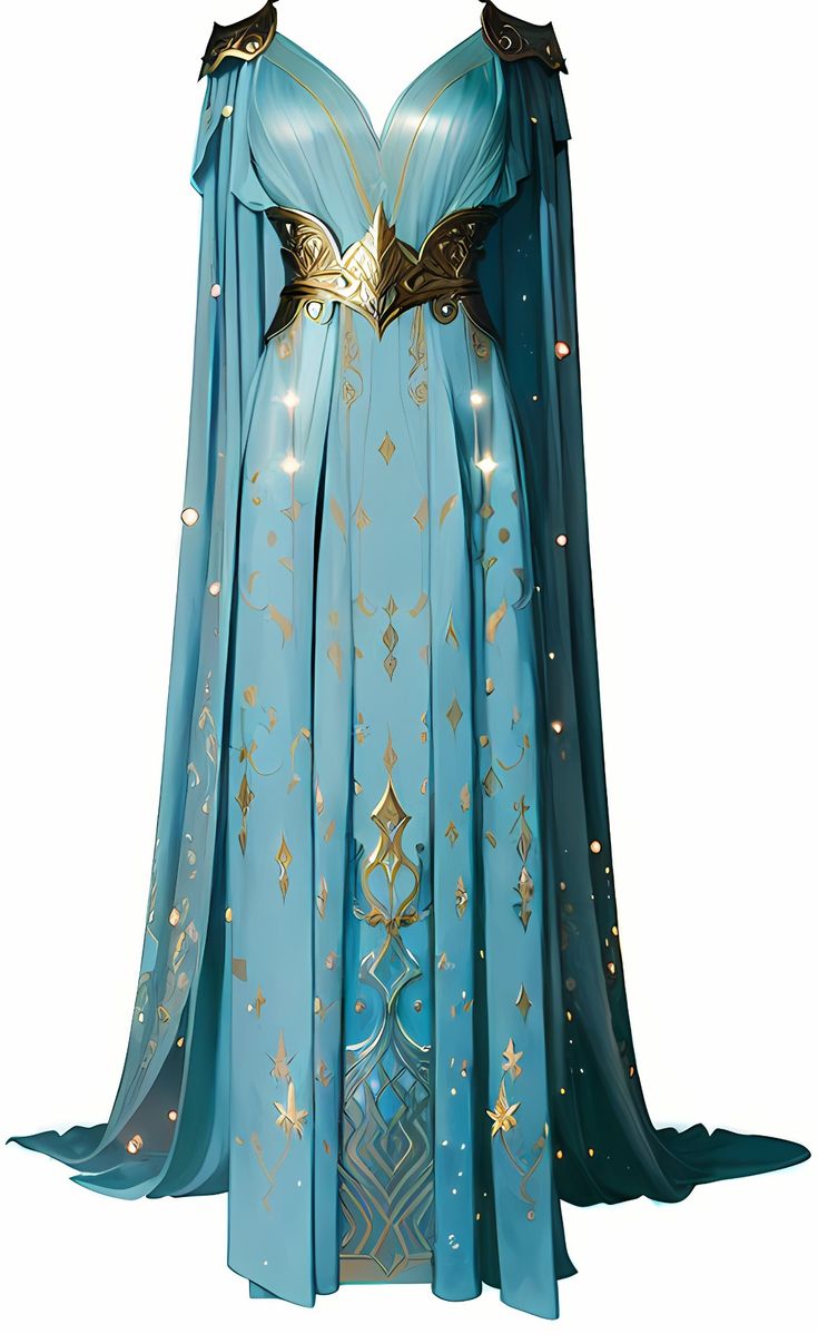 Turquoise And Gold Dress, Firefly Path Dresses, Sea Goddess Dress, Magical Forest Party, Aquamarine Fashion, Draw A Person, Medieval Outfits, Teal Gown, Fairy Gown