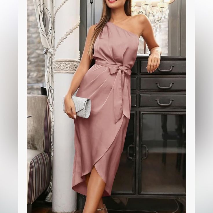 Pink One Shoulder Dress, New With Tags, Side Zip One Shoulder Sundress For Party, One-shoulder Party Midi Dress, Dressy One-shoulder Summer Midi Dress, Feminine One-shoulder Midi Dress For Day Out, Casual One Shoulder Midi Dress For Date Night, Elegant Sleeveless Mini Dress By Amazon, Elegant Sleeveless Midi Dress By Amazon, Casual Sheath Maxi Dress For Party, Casual One-shoulder Midi Dress For Evening