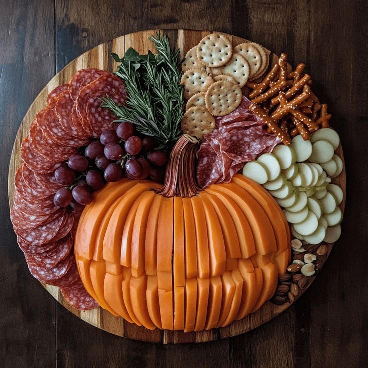 a platter with cheese, crackers and meats