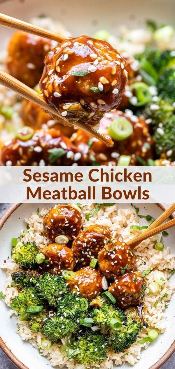 sesame chicken meatball bowls with broccoli and rice