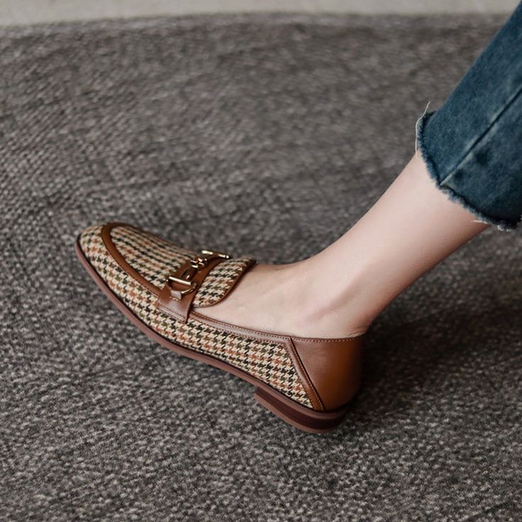 When classic plaid pattern combined with modern design. you get chick and comfy.Item SpecificationUpper Material: Cotton Fabric & Genuine Leather Lining Material: WoolInsole: WoolOut Sole: RubberToe: Round ToeClosure: Slip onFashion Element: Plaid. Metal Decoration Beige Flats For Workwear In Fall, Casual Business Flats For Fall, Trendy Beige Fall Loafers, Beige Casual Flats For Business, Casual Beige Flats For Business, Trendy Business Casual Flats For Fall, Business Casual Flats With Flat Heel For Fall, Business Casual Flats For Fall With Flat Heel, Business Casual Flats For Fall