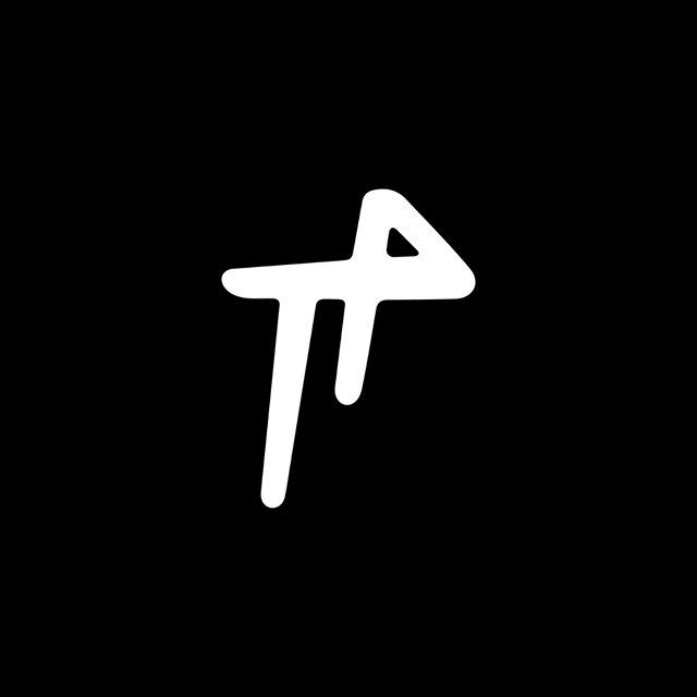 a black and white logo with the letter t in it's center, on a dark background