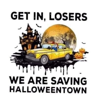 a yellow car driving down a street next to a halloween tree and castle with the words get in, loses we are saving halloween town