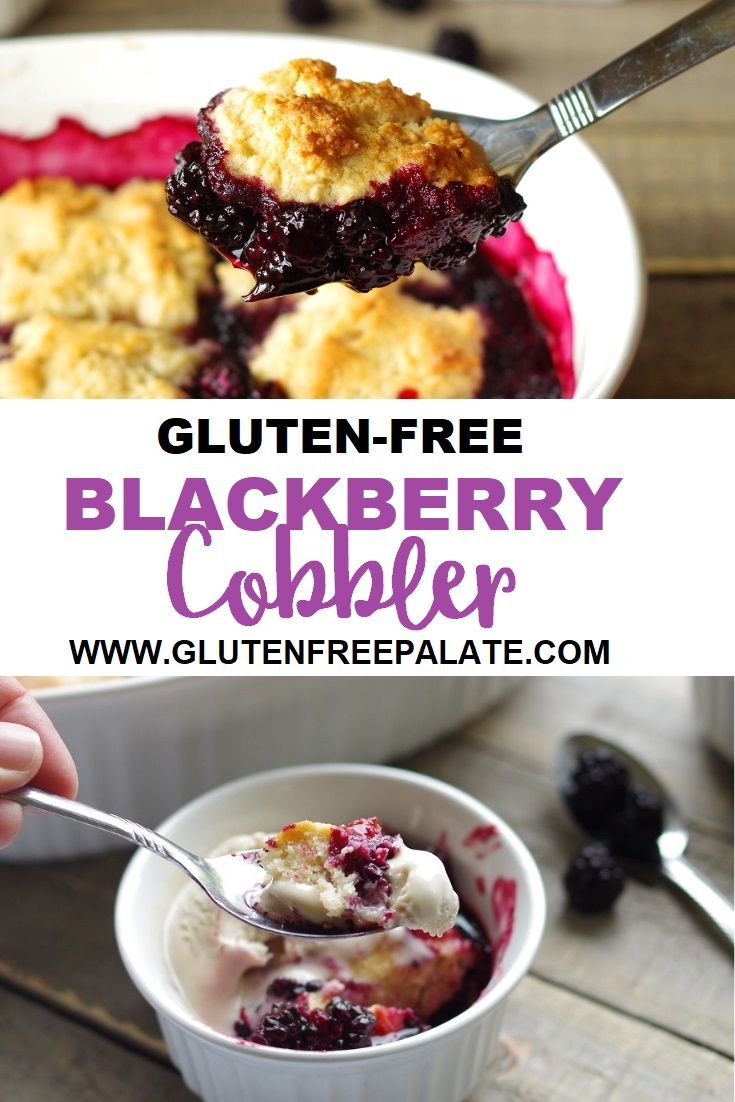 a spoonful of blackberry cobbler with ice cream and berries in the bowl next to it