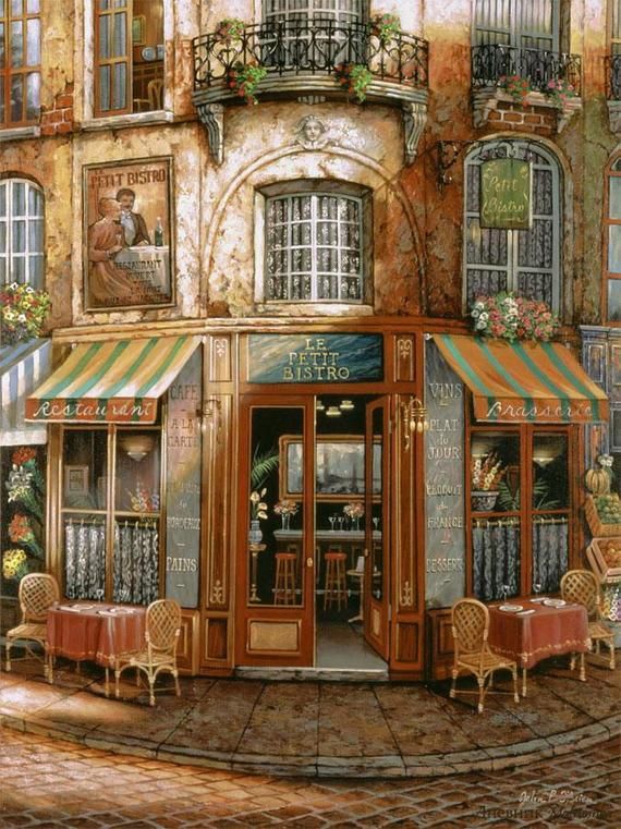 a painting of an outside cafe with tables and chairs on the sidewalk in front of it