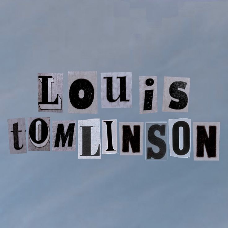 the words louis tomkinson written in cut out newspaper letters on a blue background