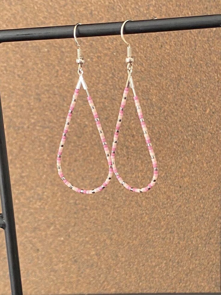 Handmade Teardrop Beaded Earrings For Everyday, Trendy Hoop Earrings With Dangling Beads, Trendy Small Hoop Earrings With Dangling Beads, Everyday Beaded Silver Hoop Earrings, Pink Minimalist Teardrop Earrings, Everyday Beaded Teardrop Earrings, Everyday Silver Beaded Hoop Earrings, Minimalist Everyday Jewelry With Dangling Beads, Everyday Minimalist Jewelry With Dangling Beads