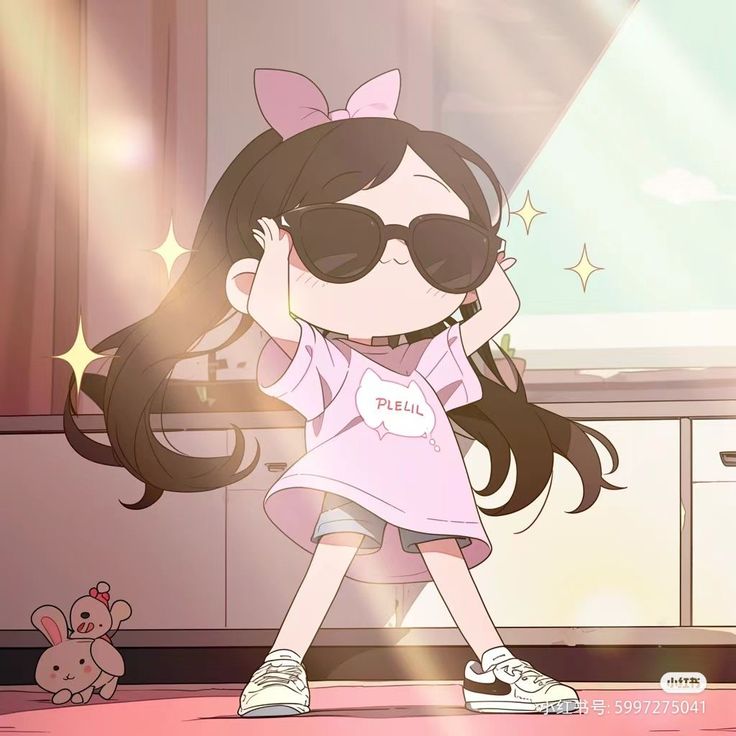 a cartoon girl with sunglasses and a pink dress