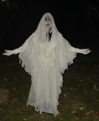 a woman dressed as a ghost standing in the grass